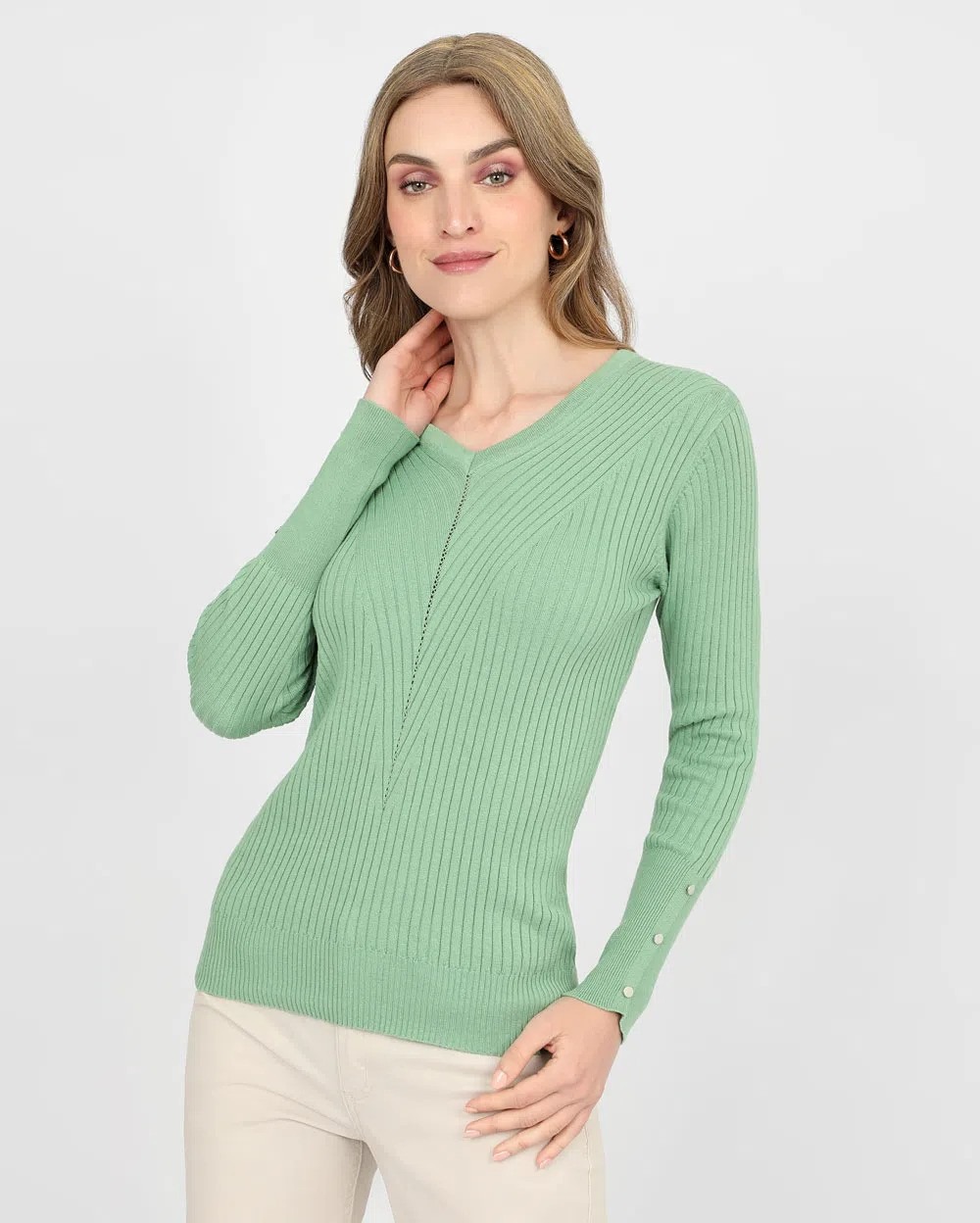 Women’s V-Neck Full Over Sweater | Front view Women’s V-Neck Full Over Sweater | Front view | Light green colour